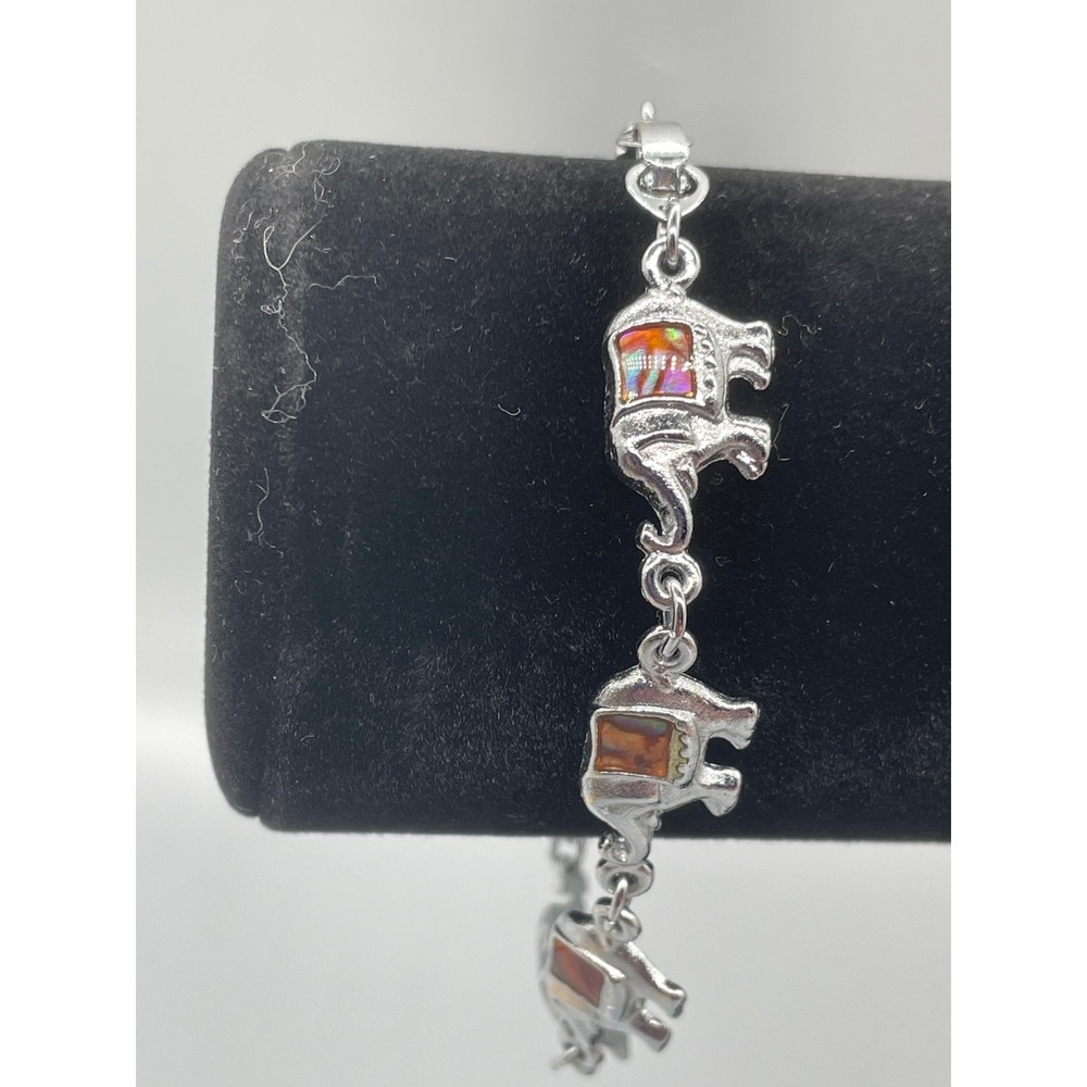 Silver Tone Elephant‎ Link Bracelet with Abalone Shell Inlay Boho Animal Jewelry